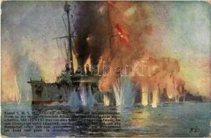 1915 Kampf SMS Zenta am 16. August 1914 mit der französischen Flotte an der montenegrischen Küste. K.u.K. Kriegsmarine. Offizielle Karte für Rotes Kreuz. Kriegsfürsorgeamt Kriegshilfsbüro Nr. 30. / WWI The downfall of SMS Zenta Austro-Hungarian Navy protected cruiser, after getting trapped by seventeen French and British naval units consisting of battleships and armoured cruisers (EB)