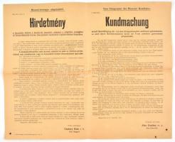 1918 A leszerelés folytán hazatérő katonák és munkások elhelyezéséről szóló Moson vármegyei rendelet kétrynelvű hirdetménye 52x42 cm