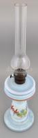 cca 1920 Tejüveg petróleum lámpa, festett, üveg búrával, jelzés nélkül, apró kopásnyomokkal, m: 30 cm (búra nélkül, 57 cm (búrával)