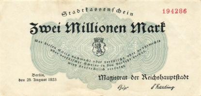 Német Birodalom/Weimari Köztársaság/Berlin/Magistrat der Reichshauptstadt 1923. 2000.000M krémszínű papíron T:II+