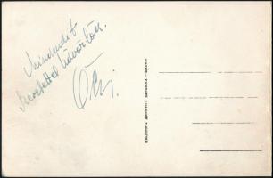 cca 1960 Puskás Ferenc labdarúgó saját kezű aláírása Öcsi-ként. a Real Madrid Bernabau-stadionjáról készült képeslapon / Autograph signed photo of Hungarian