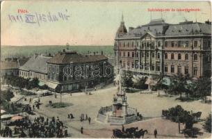 1911 Pécs, Széchenyi tér, Takarékpénztár, piac, üzletek, Szentháromság szobor