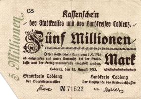 Német Birodalom/Weimari Köztársaság/Coblenz 1923. 5000.000M hivatalos érvénytelenítéssel T:II