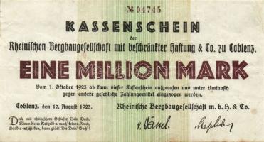Német Birodalom/Weimari Köztársaság/Coblenz/Rheinische Bergbau... 1923. 1000.000M T:II-