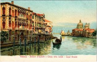 Venezia, Venice; Palazzo Franchetti e Chiesa della Salute, Canal Grande / Franchetti Palace, church, Grand Canal, boat. Ferd. Gobbato litho