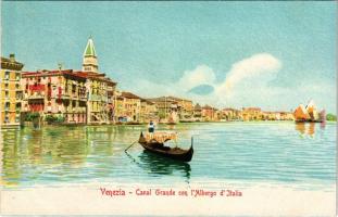 Venezia, Venice; Canal Grande con lAlbergo dItalia / Grand Canal, hotel, boat. Ferd. Gobbato litho