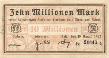 Német Birodalom/Weimari Köztársaság/Cochem,Simmern,Zell 1923. 10.000.000M T:I-/II+