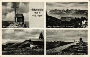 Geigelstein, 1808 m. bayr Alpen, Geigelsteingipfel, Blick v. Geigelstein auf das Kaisergebirge, Priener Hütte / mountain peak, Bavarian Alps, chalet, tourist house (EK)