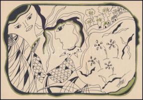 Szász jelzéssel: Női arcok tájban. Vegyes technika, papír, szakadással, 21,5x30,5 cm