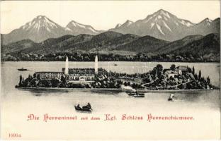 Chiemsee, Die Herreninsel mit dem Kgl. Schloss Herren-Chiemsee / royal castle. O. Blaschke kgl. bayr. Hoflieferant