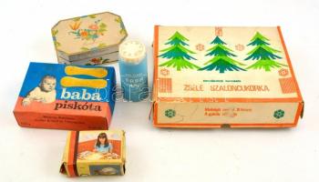 5 db klf. retro doboz: Babapiskóta, Zselé szaloncukorka, Duna Csokoládégyár bonbon, Caola baba hintőpor és egy külföldi. kopott állapotban