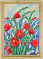 Vörös jelzéssel: Virágok. Olaj, farost, enyhén sérült fa keretben, 50x70 cm