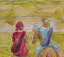 Márffy jelzéssel: Lovasok a víz partján. Olaj, farost, 54x70 cm