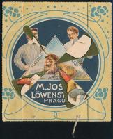 cca 1910-1920 Párga, M. Joss & Löwenstein fehérneműgyárának stancolt,trükkös, szecessziós litho reklámkártya, szakadt zsinórokkal, részben elvált kartonnal, 10x11 cm