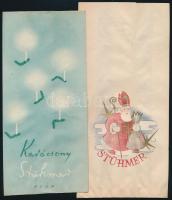 cca 1940 Stühmer karácsonyi cukorkás zacskók, 2 db, 22,5x10 cm, és 24x11,5 cm