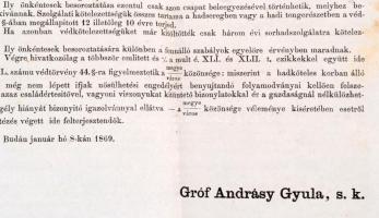 1869 Andrássy Gyula (1823-1890) miniszterelnök és honvédelmi miniszter (1867-1871) 155 sz., a magyar...