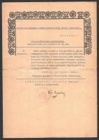 1941 M. Kir. 101. központi szállításvezetőség híradó zászlóalj dicsérő oklevele Széll Mihály hadnagy részére, pecséttel, aláírással.