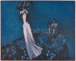 St Jankowski jelzéssel, feltehetően orosz festő munkája: Ábrándozó hölgy virágmezőben. Olaj, vászon,...