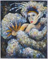 Olvashatatlan jelzéssel: Hölgy legyezővel. Olaj, vászon, 60×50 cm