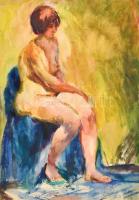 Juhász Erika (1926-2018): Ülő akt. Akvarell, papír, jelzett, ajándékozási sorokkal, hátoldalán feliratozott, 35x50 cm