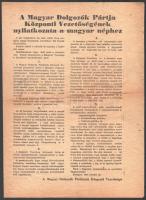 1956 A Magyar Dolgozók Pártja Központi Vezetőségének nyilatkozata a magyar néphez, 1956. okt. 26, röplap, kis szakadással.