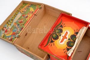 cca 1940 2 db nagy méretű illusztrált fa doboz fedéllel: Szent István, fedél elvált, teteje tollal f...