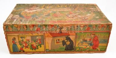 cca 1940 2 db nagy méretű illusztrált fa doboz fedéllel: Szent István, fedél elvált, teteje tollal f...