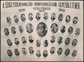 1947 Szigetszentmiklósi Sporthorgászok Egyesületének vezetősége, kistabló nevesített portrékkal, sarkán törésnyom, 18x24,5 cm