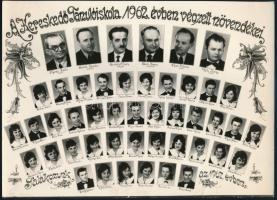 1962 Kereskedő Tanulóiskola tanárai és végzős diákjai, kistabló nevesített portrékkal, 17,5x24 cm