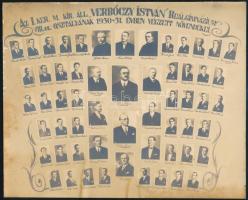 1931 Budapest, I. ker. Áll. Verbőczy István Reálgimnázium tanárai és végzős diákjai, kistabló nevesített portrékkal, 16,8x21 cm