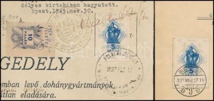 1938 Engedélyek dohányáruk korlátlan eladására és postai és pénzügyi értékcikkek árusítására, 2 db 5...