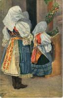 Pöstyén, Pistyan, Piestany; Volkstypen. Serie XX. Slovaken bei Piestan Nr. 9. Vor der Kirche  / Szlovák folklór, a templom előtt / Slovak folklore, before church