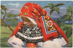 Svatoborice, Svatoborice-Mistrín; Svátecní vázání ze Svatoborice. Obrazy ze Slovenska Serie IV. Nr. 8. / Czech folklore art postcard s: Joza Uprka
