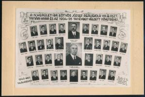 1935 Budapest, IV. ker., Báró Eötvös József Reáliskola tanári kara és végzős növendékei, kistabló nevesített portrékkal, 16,5x23 cm, karton 19x28,5 cm