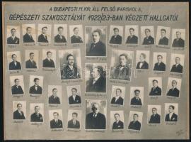 1923 Budapest, M. kir. Állami Felső Ipariskola Gépészeti szakán végzett diákok és tanáraik, kistabló nevesített portrékkal, felületén - tartalmat nem befolyásoló - kisebb hibákkal, 19,5x26 cm