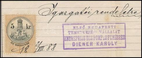 1888 Első Budapesti Temetkezési Vállalat részletes számlája, fejléces papíron, 5 kr. okmánybélyeggel...