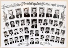 1962 Kereskedelmi Tanulóiskola Vendéglátó tagozatának tanárai és végzős tanulói, kistabló nevesített portrékkal, 17x24 cm, karton 24,5x33,2 cm