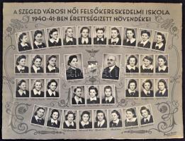 1941 Szeged, Női Felsőkereskedelmi Iskola tanárai és végzős osztálya, kistabló nevesített portrékkal, 21,5x28,5 cm