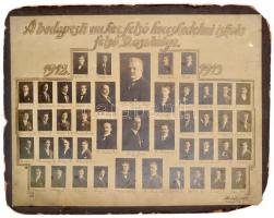 1913 Budapest, a VIII. kerületi Felső Kereskedelmi Iskola tanárai és végzős osztálya, kistabló nevesített portrékkal, kisebb sérülésekkel, 27x36 cm, karton 30x39 cm