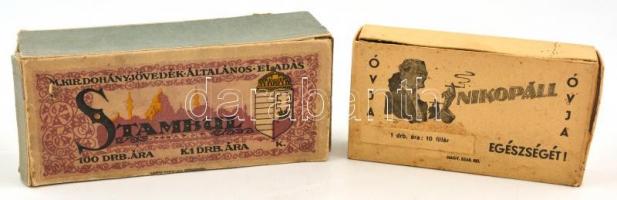 cca 1926-40 Stambul dohány karton doboz, magyar címerrel is illusztrált, alján Budapest Kőbánya 1926 bélyegzővel, sérült, 7,5x17x4,5 cm + Nipopáll dohány karton doboz, illusztrált, sérült, 7,5x13,5x2,5 cm
