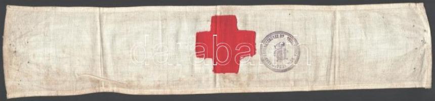 cca 1938 Újpest, Furnir és Lemezművek Rt. Tűzoltósága, tűzoltósági/vöröskeresztes karszalag, bélyegzéssel, 39x8 cm
