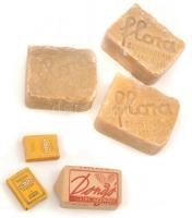 Vegyes régi szappan tétel, össz. 6 db: 3 db Flora, 1 db Dongó illatos kézmosó eredeti papír csomagolsában és 2 db Baeder Caola szappan, eredeti karton csomagolásban