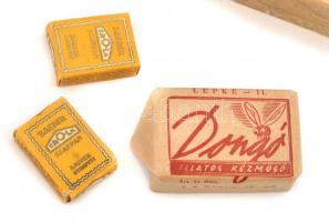 Vegyes régi szappan tétel, össz. 6 db: 3 db Flora, 1 db Dongó illatos kézmosó eredeti papír csomagol...