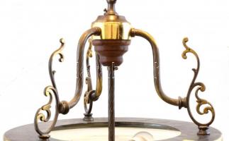 Réz, üveg csillár, lámpa maratott üveg búrával, 2 db led izzóval. Jó állapotban m: 70 cm, d: 37 cm