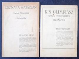 cca 1930-40 össz. 2 db Franck kávépótlék társasjáték papír tábla: 1 db színes illusztrált Kis olimpiász valamint hátoldalán malomjáték, Seidner lit., Bp., néhány folt. 1 db színes illusztrált Egy nap a szabadban valamint hátoldalán malomjáték, Korvin Testvérek Grafikai Int., Bp., Kornélly 1930 jelzéssel,  foltos, ragasztással megerősített, kisebb szakadásokkal, játékszabály mellékelve.