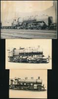 3 db régi mozdonyokat ábrázoló fotó, 9×11 és 11×17 cm közötti méretekben