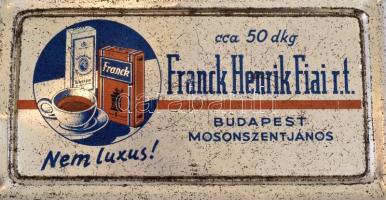cca 1940 Franck kávéval kapcsolatos tétel, össz. 4 db: illusztrált Franck fém doboz fedéllel, enyhén...
