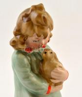 Kislány nyuszival, jelzett porcelán figura, kézzel festett, gyári repedéssel, m: 13 cm