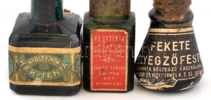 cca 1930-50 3 db klf. kis méretű tintás üveg: Fekete Bélyegzőfesték, sérült címkével. Kiváló finom K...