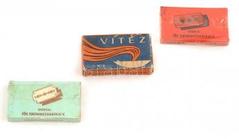 cca 1947-60 össz. 3 db használatlan, retró kis méretű teli borotvapenge papír doboz, különféle illus...
